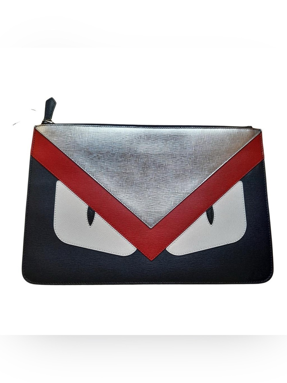 Fendi Bag Bugs Monster Zip Pouch Clutch Navy Red Leather Metallic Gold Auth